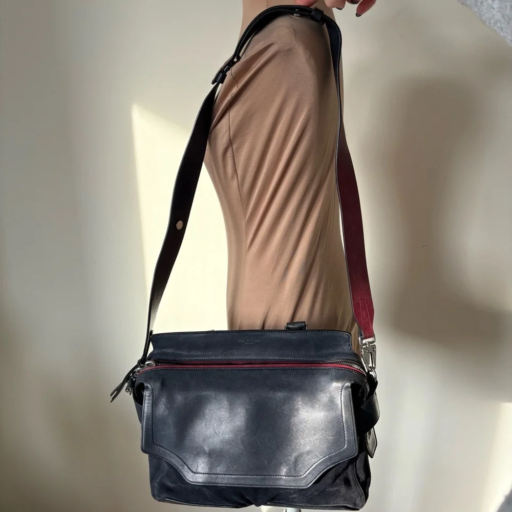 Rag & Bone Small Pilot Navy Blue Red Accent Leather Suede Zip-Up Satchel Bag